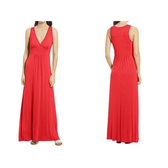 Loveappella V-neck Jersey Maxi Dress Size Medium Dark Pink NWT Stretchy Flowy - Picture 3 of 4